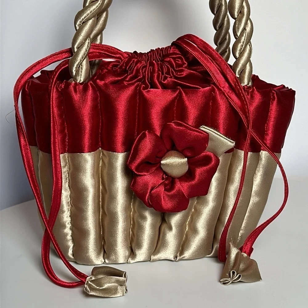 80s SATIN FLOWER BASKET cupcake purse twisted handle tie top bridal flower girl